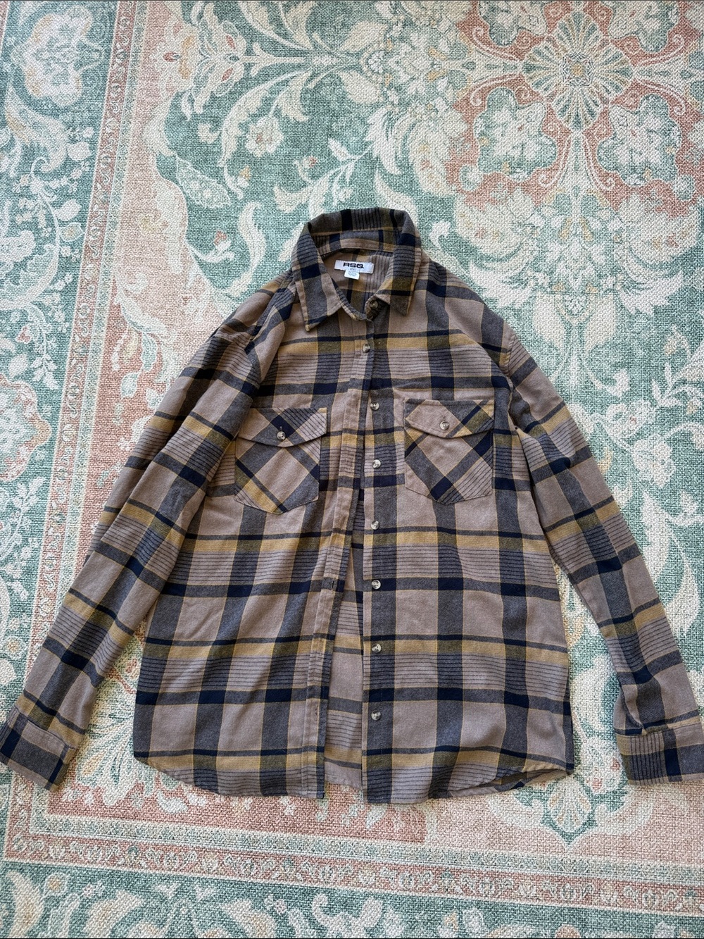 RSQ Plaid Button-Down Shirt in Brown, Black & Mustard